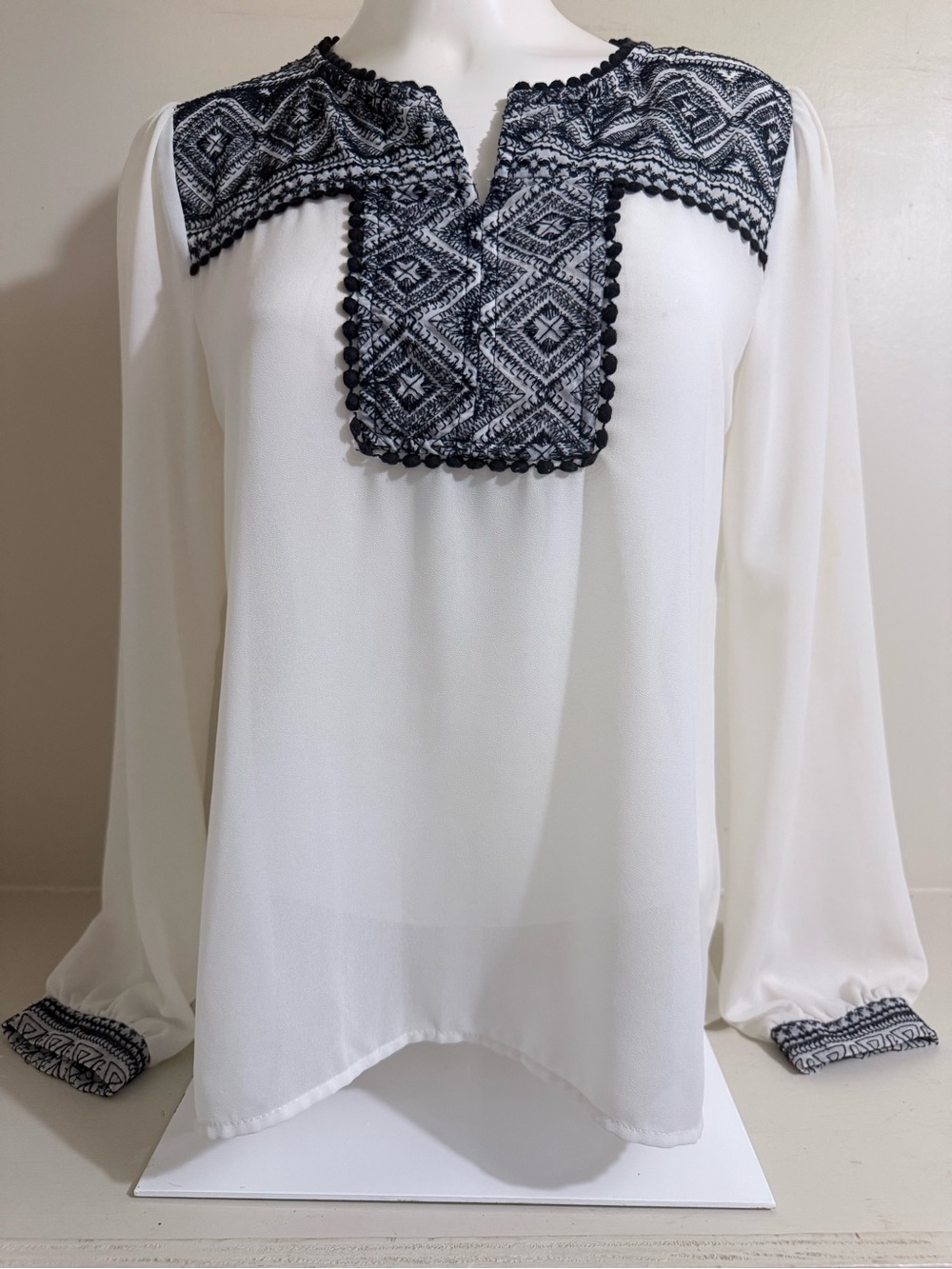 Monteau White Tunic Blouse with Black Embroidered Yoke